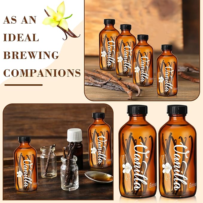 Uiifan 12 Pack 4 oz Amber Glass Bottle Boston Round Bottles with Caps Brown Vanilla Extract Bottles High Temperature Screen Printing for Syrup Gift Glass Food Storage Canister Set Sauce Beans