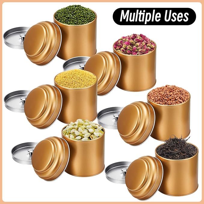 12 Pcs Tea Tin Canister with Airtight Double Lids 8 oz Round Tin Can Box Small Kitchen Tea Canister Loose Leaf Storage Containers for Loose Bags Coffee Sugar Candy Spices(Bronze Gold)