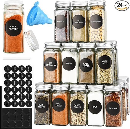 DkOvn 24pcs Glass Spice Jars, 4oz Empty Spice Jars with Metal Caps, Labels, Shaker Lids, Collapsible Funnel, Chalk Pen, Seasoning Organizer for Spice Rack(24pcs 4oz Set)