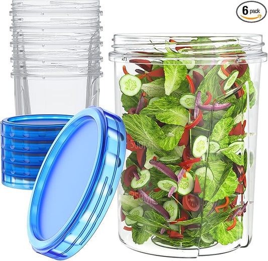[32 oz 6 Pack] Food Storage Freezer Containers Clear bottom With blue Twist Top Lids Reusable, Plastic Airtight Meal Prep Containers BPA Free | Stackable | Leakproof | Microwave/Dishwasher Safe
