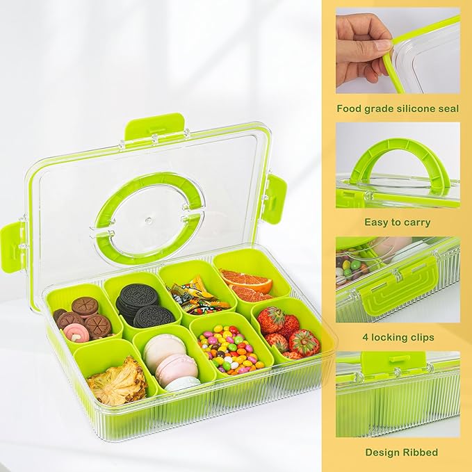 Patent Design Ribbed Snackle Box Container Divided Serving Tray with Lid and Handle -Charcuterie Container Portable Storage Organizer for Candy, Fruit, Beach, Picnics（1 pcs, Green）
