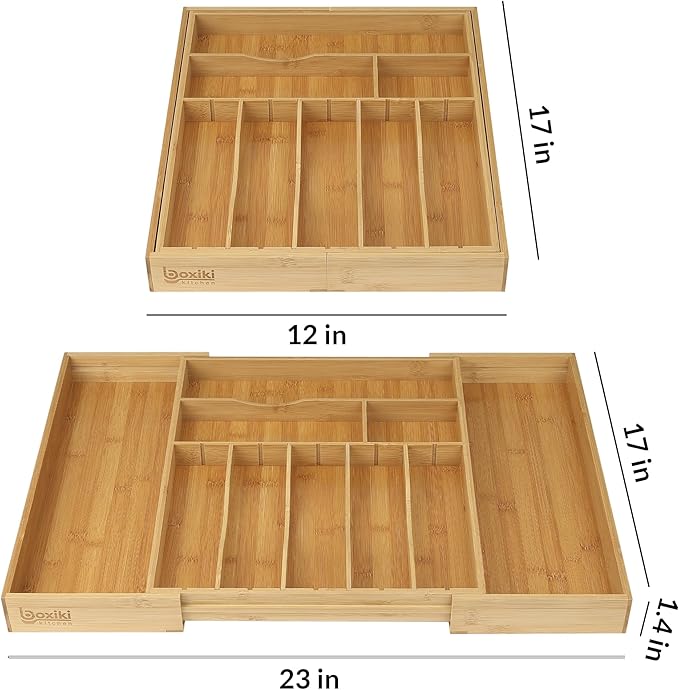 Luxury Bamboo Kitchen Drawer Organizer - Silverware Organizer - Utensil Holder, Spice Rack and Cutlery Tray with Grooved Drawer Dividers for Flatware and Kitchen Utensils (16 Slots)