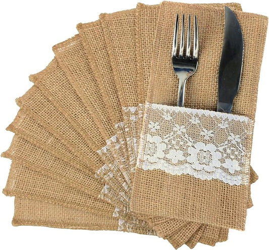 FQTANJU 50 PCS 4"x8" Burlap Lace Utensil Cutlery Holders Pouch Silverware Holder Knifes Forks Bags Burlap Napkin Bag for Rustic Wedding Party Decorations favors