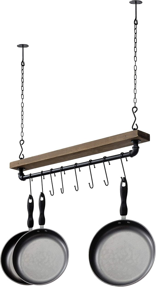 MyGift 30 Inch Ceiling or Wall Mounted Pot Rack with Rustic Brown Solid Wood Shelf and Industrial Matte Black Metal Pipe, Hanging Cookware Utensils Organizer with 8 S-Hooks