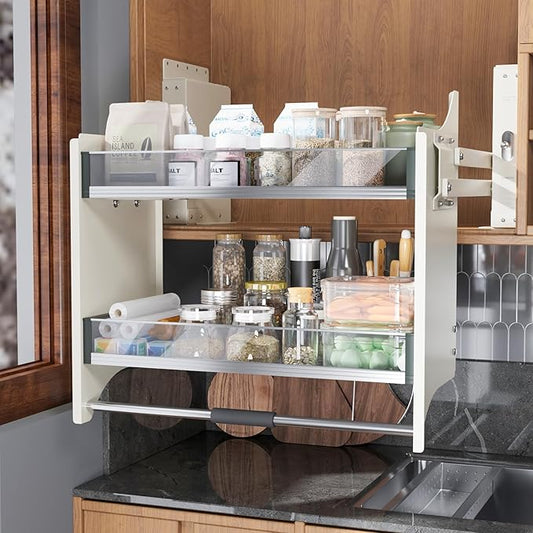 30~32'' Pull Down Shelf for Kitchen Upper Cabinet, Heavy Duty Cabinet Organizer, 2 Tier Kitchen Cabinet Pull Down Shelf Large Storage Space, White