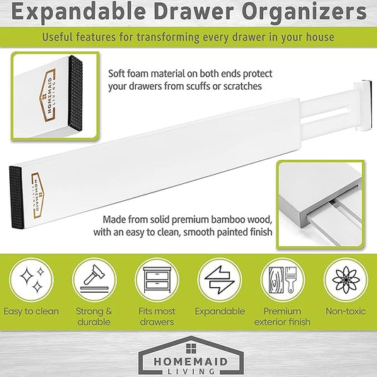 Homemaid Living Bamboo Drawer Dividers Adjustable & Expandable, Kitchen Drawer Organizer, Ideal for Silverware, Dresser Drawer Organizer or Bedroom & Bathroom Drawer Organizer (4pk, White)