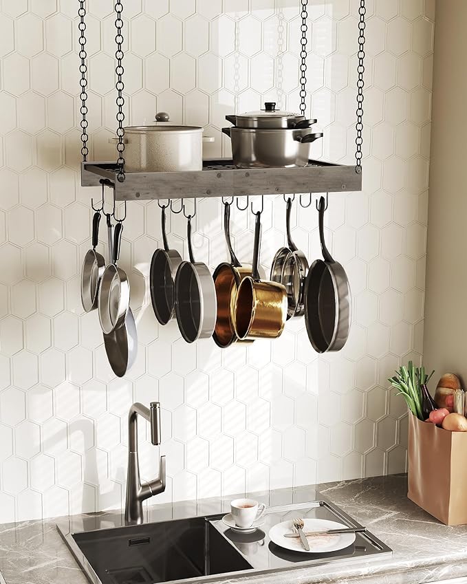 Hanging Pot Rack, Vintage Pot Hangers for Kitchen, Ceiling Mounted Pot Rack, Pot and Pan Hanging Rack with 12 S-Shaped Hooks, for Cookware Storage, Greige and Black TPR01BG