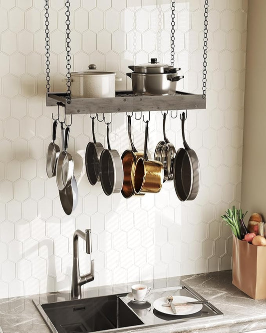 Hanging Pot Rack, Vintage Pot Hangers for Kitchen, Ceiling Mounted Pot Rack, Pot and Pan Hanging Rack with 12 S-Shaped Hooks, for Cookware Storage, Greige and Black TPR01BG
