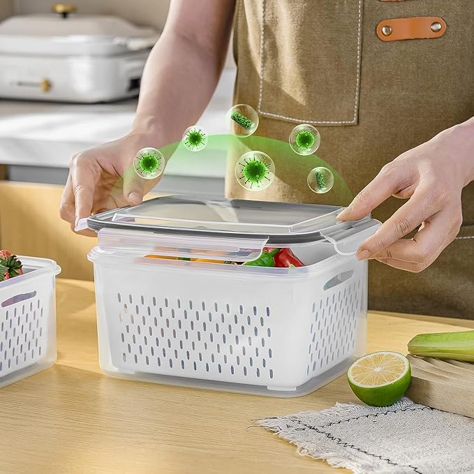 4 PCS Fruit Storage Containers for Fridge with Removable Colander, Airtight Food Storage Container, Dishwasher Safe Produce Saver Container for Refrigerator, Keep Berry Fruit Vegetable Fresh Longer