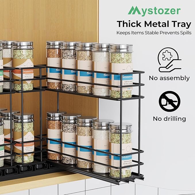 Pull Out Spice Rack Organizer for Cabinet, Slide Out Spice Racks, Easy to Install, 2.75''Wx10.35''Dx8.26''H, 3 Drawers 2 Tiers(Black