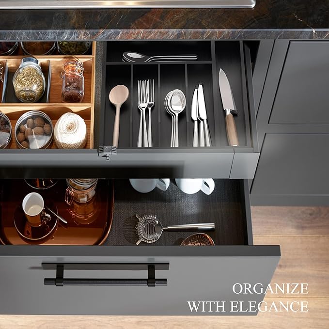 Bamboo Silverware Organizer, Kitchen Drawer Organizer, Utensil Holder, Cutlery Tray & Spoon Flatware Storage with Grooved Drawer Dividers ((7 Slots, Black)