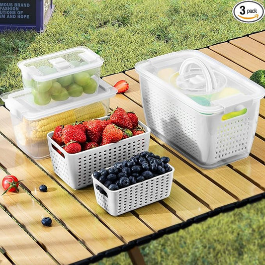 LUXEAR Produce containers for fridge,3 Set Fruit Containers with Removable Colander, BPA-Free Produce Saver Containers with Lids Dishwasher&Microwave Safe Keep Fruits, Vegetables, Berry, Fresh Longer