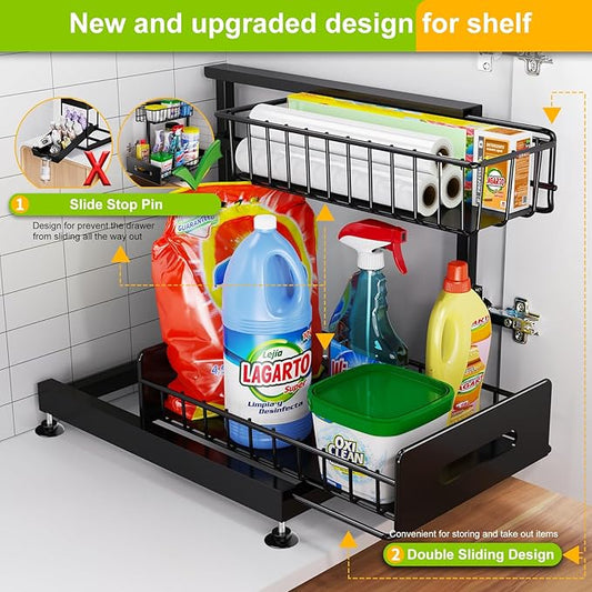 Under Sink Organizer,Pull Out Cabinet Organizer 2 Tier Slide Out Sink Shelf Cabinet Organizer and Storage,L Shaped Under Counter Organizers for Under Kitchen Bathroom Organization