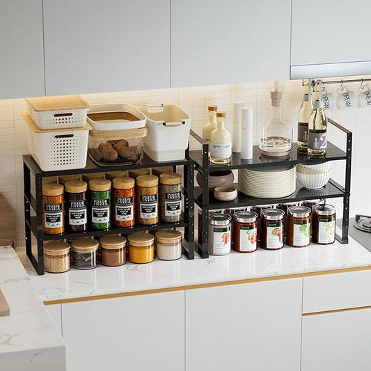 Expandable,Stackable Spice Rack,Seasoning Organizer and Storage,Spices Jar Racks for Cabinet,Countertop, Metal Pantry, Cupboard,Laundry Storages,Heavy Duty(2 PACKS/MEDIUM/BLACK)