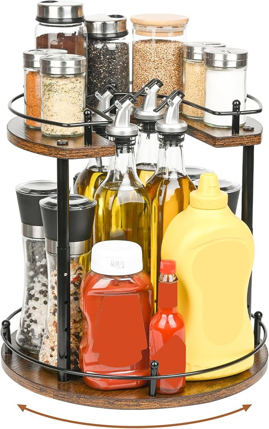 Adjustable 2-Tier Lazy Susan Spice Rack Organizer - Wooden Rotating Turntable for Kitchen Cabinet, Countertop, Pantry Storage, 360° Spice Carousel with Non-Slip Base, Easy Clean Home Decor