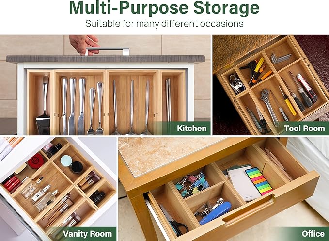 Kootek 6 Pcs Bamboo Drawer Organizer, Kitchen Utensils Storage Boxes 3-Size with Removable Dividers Multi-Use for Gadget, Makeup, Bathroom, Office