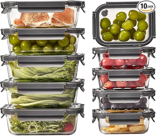 Glass Food Storage Containers with Glass Lids,10 pack [36oz*5+13.5oz*5], Glass Meal Prep Container with Airtight Lids, Microwave Safe Food Container Set, BPA Free, LeakProof, Ideal for Lunch
