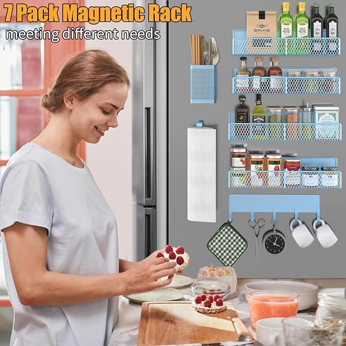 Magnetic Spice Rack for Refrigerator, 7 Pack 100% Metal Strong Magnet Shelves, Kitchen Spice Organizer W/ Hook Rack, Paper Towel Holder, Utensils Caddy, Home Laundry Room Storage Organization (Blue)