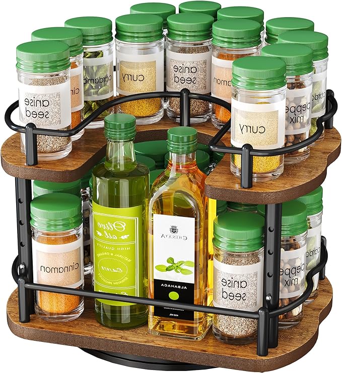Lazy Susan Organizer Spice Rack for Cabinet - Height Adjustable Rotating Lazy Turntable Spice Organization for Table Top Pantry Kitchen, Wood Lazy Susan 10 inches Black