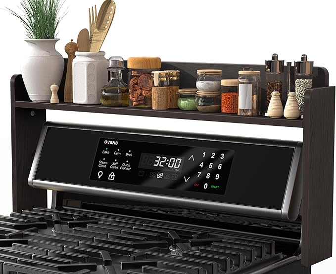 MyLifeUNIT Over The Stove Shelf, 31.5" Wood Stove Top Shelf for Back of Gas Stove, Electric Stove or Curved Stove Spice Rack Shelf for Countertop, Black
