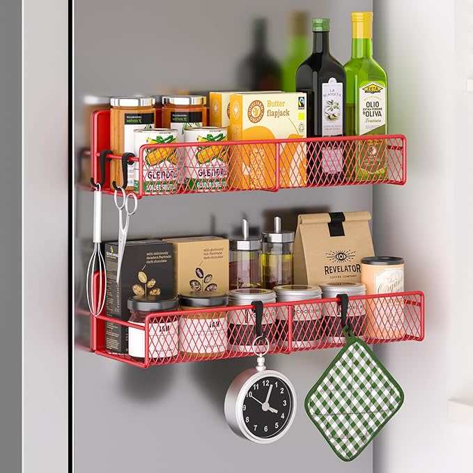 Magnetic Spice Rack for Refrigerator, 2 Pack Metal Magnetic Shelf, Moveable Spice Organizer with Hooks, Super Magnetic Fridge Shelf for Kitchen Organization and Storage, Red