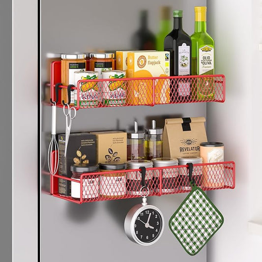 Magnetic Spice Rack for Refrigerator, 2 Pack Metal Magnetic Shelf, Moveable Spice Organizer with Hooks, Super Magnetic Fridge Shelf for Kitchen Organization and Storage, Red