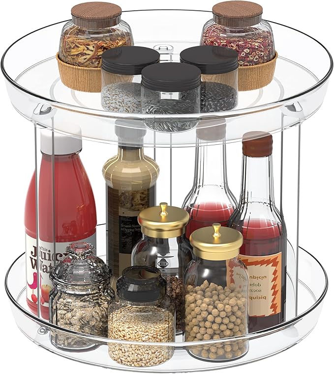 Lazy Susan Organizer 2 Tier, Round Plastic Turntable Organizer Organization Storage Container Bins,Spinning Organizer for Spices,Vanity Countertop Makeup Organizing(2 Tier 10.6 inch)