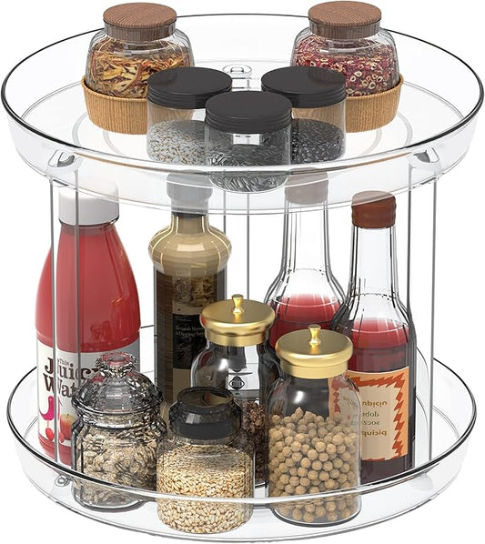 Lazy Susan Organizer 2 Tier, Round Plastic Turntable Organizer Organization Storage Container Bins,Spinning Organizer for Spices,Vanity Countertop Makeup Organizing(2 Tier 10.6 inch)