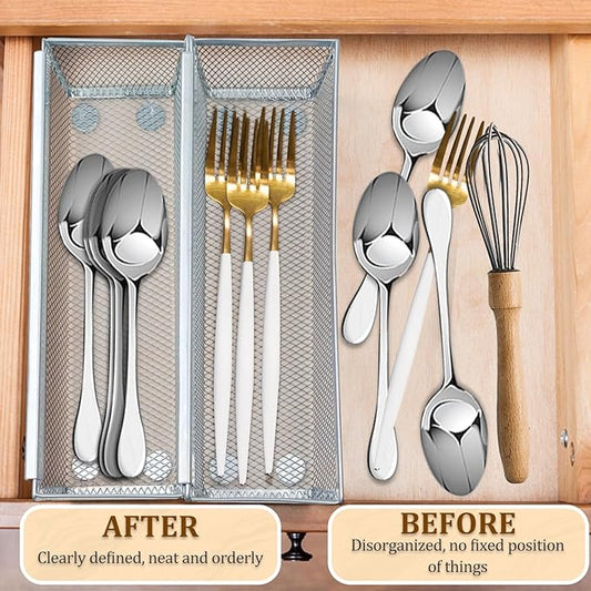 4PCS Drawer Organizer for Kitchen, Utensil Mesh Organizer With Interlocking Arm for Cosmetic, Flatware, Pen (9 * 3 * 2 Inches, Grey)