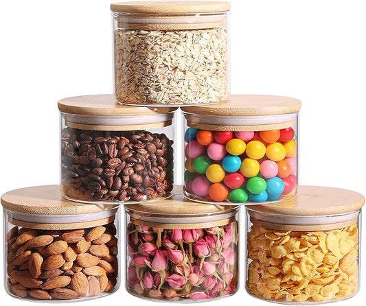 ComSaf 15oz Glass Food Storage Jars Set of 6, Clear Glass Storage Containers with Lids, Pantry Organization Jar, Spice, Blooming Tea, Coffee, Cookie and Sugar Container, Small jar Set for Kitchen