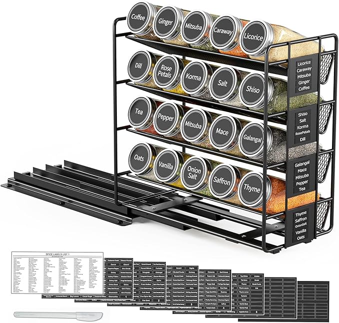 SpaceAid Pull Out Spice Rack Organizer with 20 Jars, Heavy Duty Slide Out Seasoning Organizer for Kitchen Cabinets, with 801 Labels and Chalk Marker, Left Facing