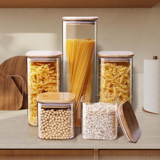 Square Glass Jars with Bamboo Lids 34 FL OZ [Set of 6], Glass Canisters with Airtight Lid, Glass Food Storage Container for Pasta, Flour, Sugar, Rice, Best for Kitchen & Pantry