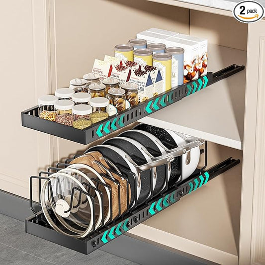 2 Pack Pots and Pans Organizer Under Cabinet, Expandable Pull Out Cabinet Organizer with 10 Adjustable Dividers, Slide Out Pot and Pan Holder for Kitchen Drawers