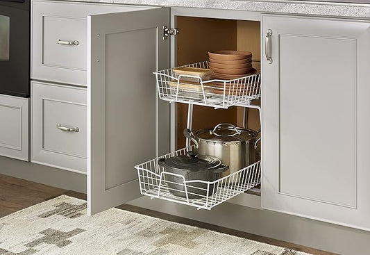 ClosetMaid 14 in. Pull Out Cabinet Organizer, 2 Tier, Heavy Duty, Slide Out Pantry Shelves Drawers for Kitchen, Bathroom, White