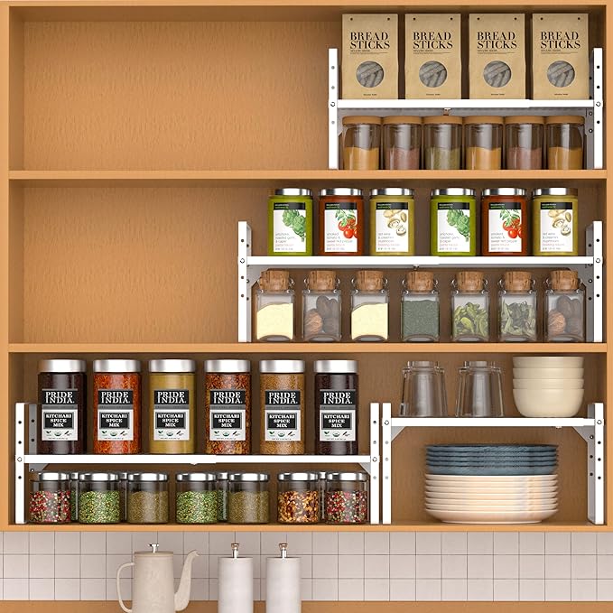 Expandable Cabinet Organizer Shelves,Metal Adjustable Height Spice Racks,D:10.24" x W:16.5"-27.2" Stackable Storage Shelves for Cabinet,Pantry,Counter,Cupboard,2 Packs Kitchen Under Sink Storage Racks