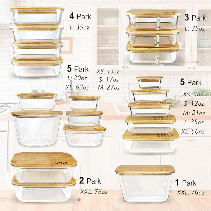 Urban Green Glass Food Storage Containers, XXLarge Size, 76oz/2260ml, 2 Pack - Bamboo Lids, Microwave & Freezer Safe, Meal Prep & Pantry Organization