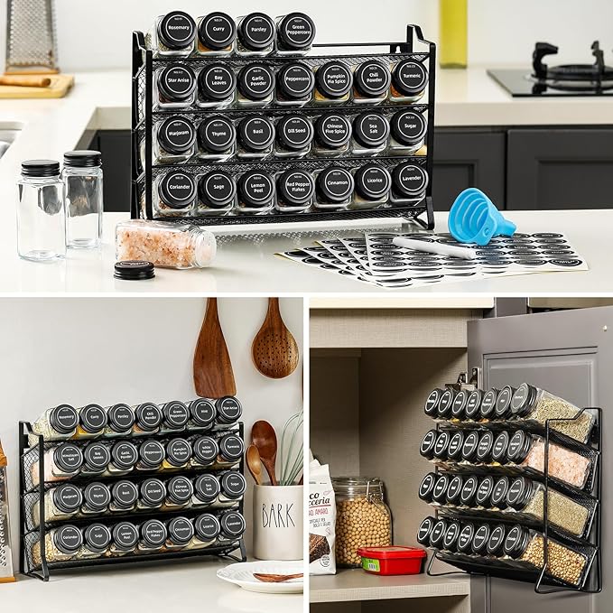 AOZITA Spice Rack Organizer for Cabinet, Spice Organizer with 28 Empty Spice Jars with Black Lids, Funnel, Spice Labels, Seasoning Organizer for Countertop, Cabinet, Kitchen, Pantry, Cupboard