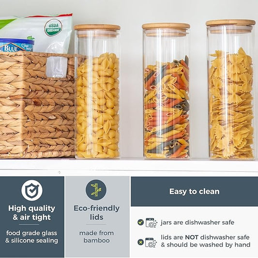 Glass Food Storage Containers with Bamboo Lids, 3 Pack - 32 Fluid oz Airtight Clear Kitchen Organization Canisters