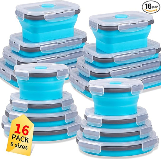 Collapsible Food Storage Containers with Lid & Air Vent, 16 Pack, 8 Rectangular + 8 Round, Foldable Silicone Lunch Containers Collapsible Bowls Set, Microwave Freezer Dishwasher Safe, Blue
