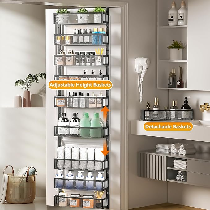 10-tier Over The Door Pantry Organizer with Mesh Baskets, Adjustable & Stable Hanging Spice Rack for Kitchen, Bathroom, Bedroom, and Baby Essentials Storage (16" W 10-Tiers, Black)