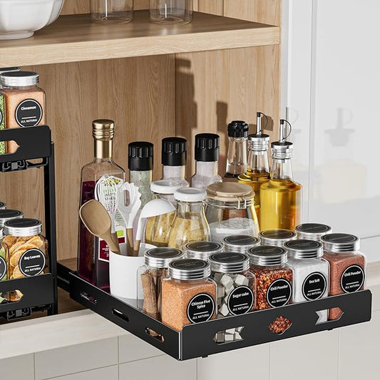 Pull Out Spice Rack Organizer for Cabinet, Heavy Duty-Slide Out Spice Rack, Vertical Spice Rack for Kitchen Cabinet and Pantry (10.5''Wx10.5''Dx2.8''H, Metal Black)
