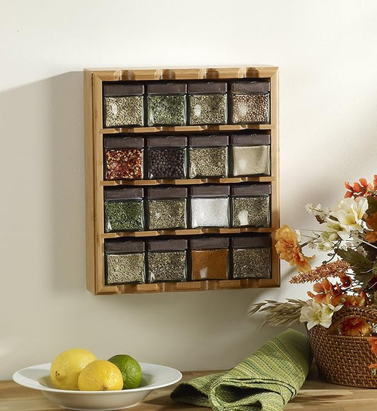 Kamenstein Jar Bamboo 3-in-1 Spice Organizer for Countertop, Wall, and Drawer with Spices Included, FREE Spice Refills for 5 Years, Lift & Pour Caps , 16 Count ( Pack of 1)