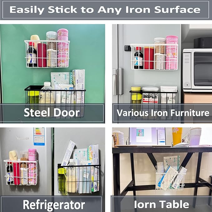 Magnetic Shelf for Fridge, Large Black Metal Magnetic Basket, Adjustable Kitchen Storage for Fridge, Pantry, or Any Metal Surface, Holds Spices, Cans, Jars (10 lbs Capacity)