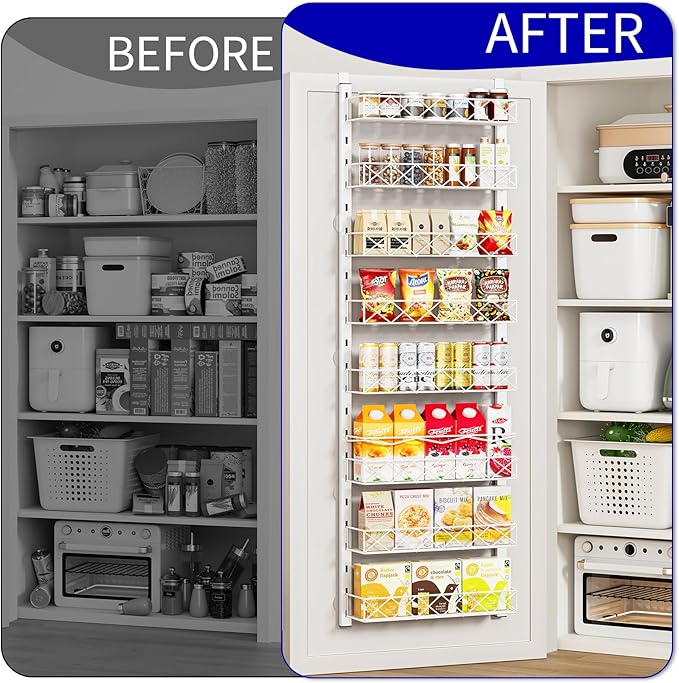 Over the Door Organizer, White 8-Tier Pantry Door Organizer with Adjustable Basket, Hanging Spice Rack Cabinet Door Shelves, Laundry Room Organization and Storage