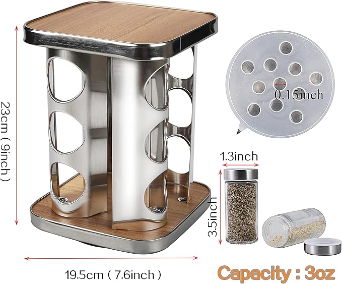 Revolving Countertop Spice Rack, 12 Jars Stainless Steel Rotating Seasoning Storage Organizer for Cabinet, Spice Carousel Tower for Kitchen
