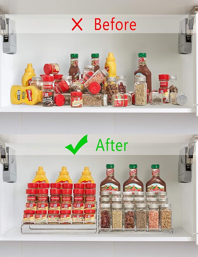 MEIQIHOME 4 Tier Expandable Spice Rack Organizer (11.4 to 22.8 Inch) Step Shelf Spice Storage Holder, for Kitchen Cabinet Countertop Cupboard Pantry, Metal, Chrome