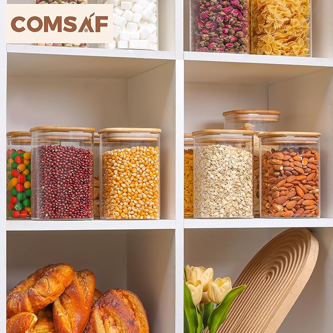 ComSaf 37oz Glass Storage Containers with Lids, Glass Jars with Lids, Clear Food Storage Jar, Square Glass Canister Set of 9, Pantry Organizers and Storage for Cookie Flour Oat Pasta Tea Coffee Bean
