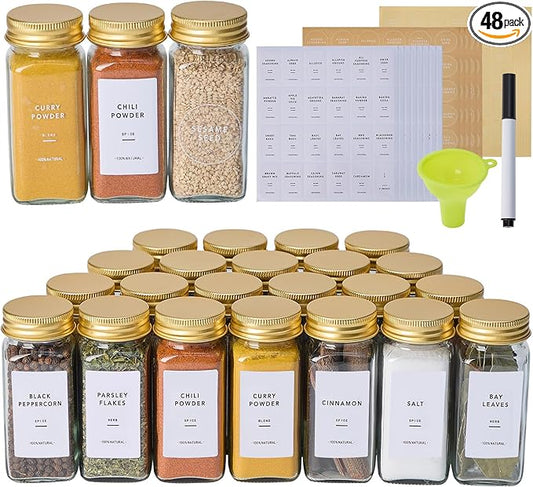 48 Pcs Glass Spice Jars with 576 Labels, 4oz Empty Square Spice Containers,Seasoning Bottles with Gold Metal Caps - Shaker Lids, Funnel and Chalk Pen Included