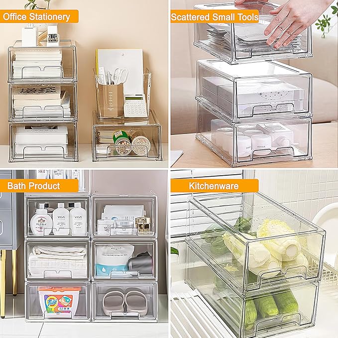 2 Pcs Refrigerator Organizer Bins Pull-Out Drawers, Clear Fridge Drawers, Stackable Fridge Organizer Drawers, Food Storage Containers for Fruit & Vegetables, for Kitchen, Freezers, Storage Rooms