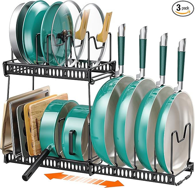 Pots and Pans Organizer Under Cabinet, 14 Adjustable Divider Pot Lid Rack Organizer 3-Pack Kitchen Storage Pan Holder Organizer Inside Cabine for Cookware, Baking Sheet(Black)